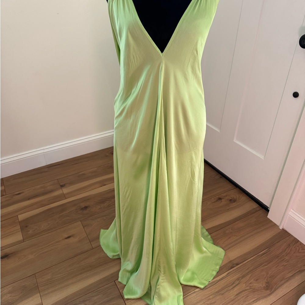 FRNCH Lime Green V-Neck Satin Evening Dress